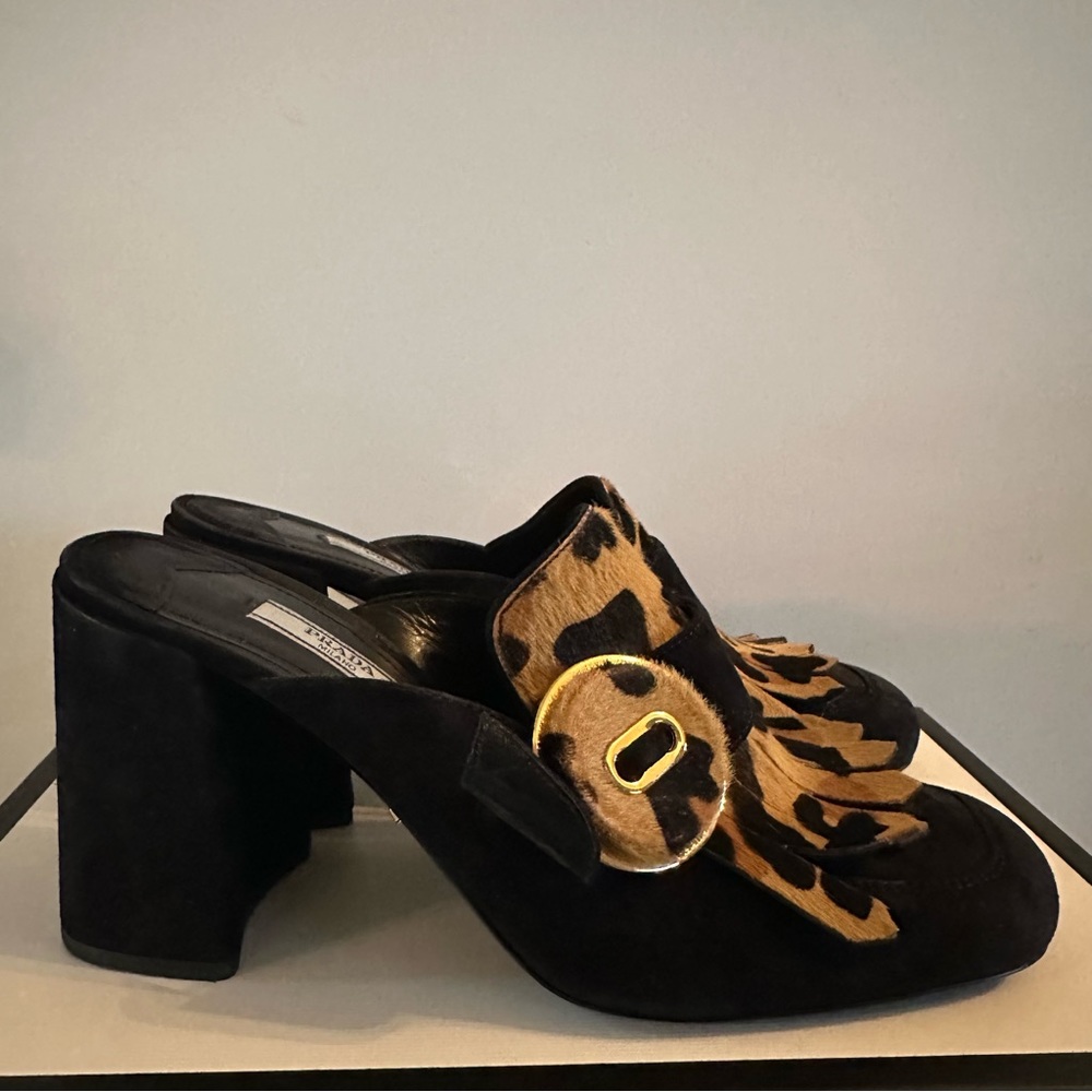 Prada High-Heeled Suede Leopard Slides